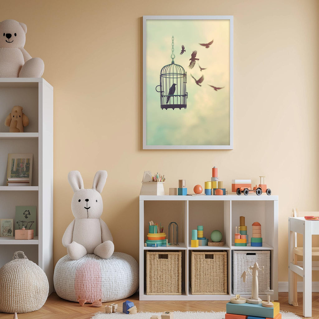 A cozy children's room with a white bookshelf, a plush rabbit, and a toy train. The room has a warm, inviting atmosphere with a framed image of birds in a cage hanging on the wall.