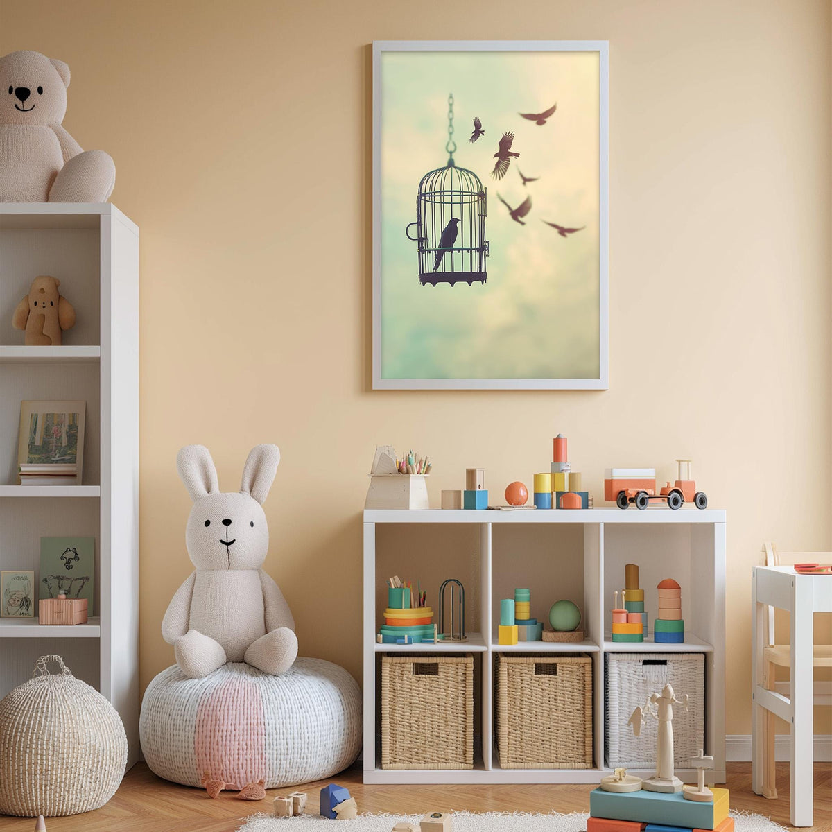 A cozy children's room with a white bookshelf, a plush rabbit, and a toy train. The room has a warm, inviting atmosphere with a framed image of birds in a cage hanging on the wall.