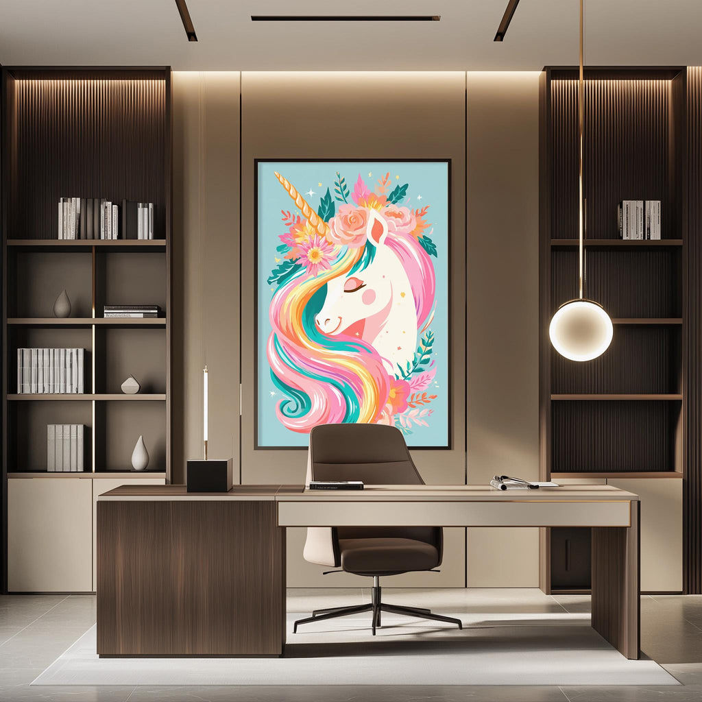 a modern office space with a large, colorful painting of a unicorn as the focal point. The office has a wooden desk, a chair, and a bookshelf filled with books. The overall design and decor create a stylish and inviting atmosphere.