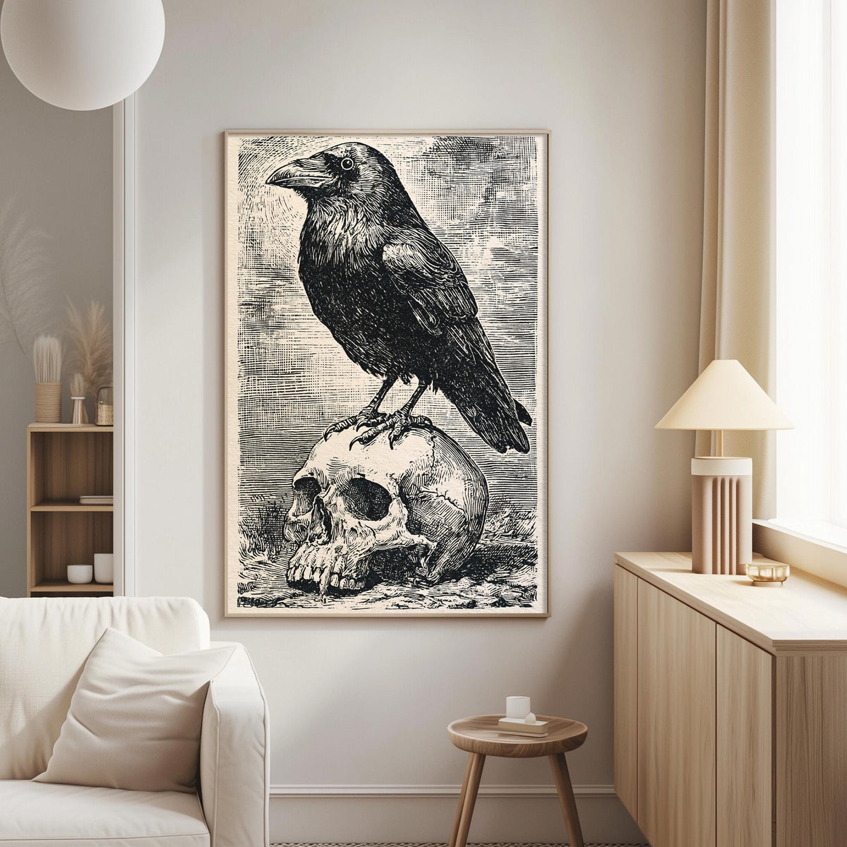a large black and white illustration of a crow perched on a skull, which is mounted on a wall in a living room setting.