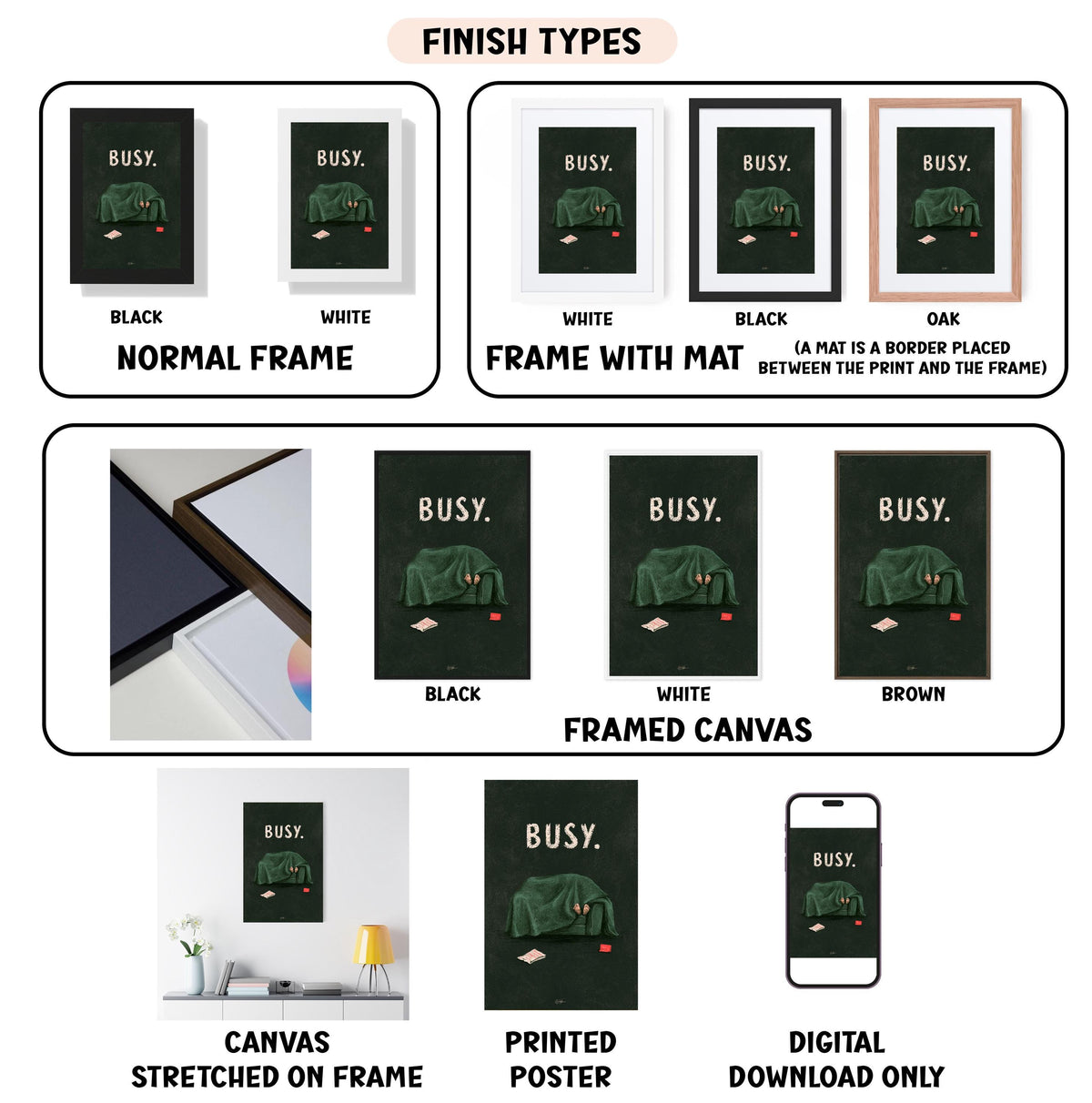various finish types for a canvas print, including a black and white, white, black, oak, and framed canvas. It also features a digital poster and a printed poster, as well as a stretched canvas and a framed canvas. The image is a collage of multiple images, and the descriptions provided are not redundant and avoid vague wording.