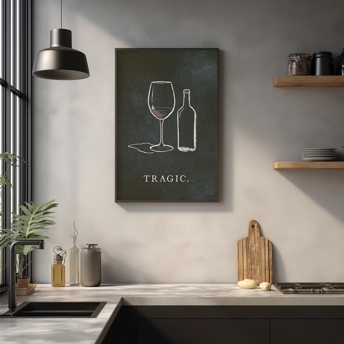 a kitchen counter with various items, including a wine glass, a bottle, a cutting board, and some kitchen accessories. Above the counter, there is a framed drawing of a wine glass and a bottle, accompanied by the word "TRAGIC" written below the drawing.