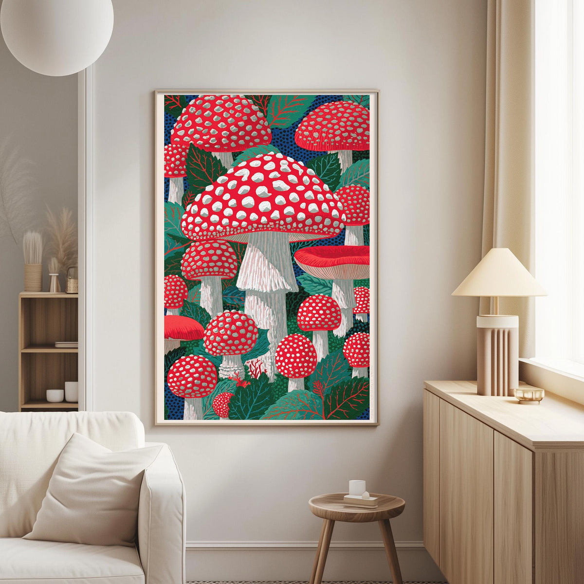 a large framed artwork depicting a vibrant scene of red and white mushrooms against a backdrop of green leaves and foliage.