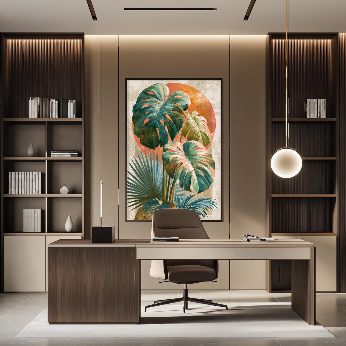 a modern and stylish office space with a large framed artwork featuring tropical plants on the wall. The office has a wooden desk, a comfortable chair, and a bookshelf filled with books. The overall design and decor create a pleasant and professional atmosphere.