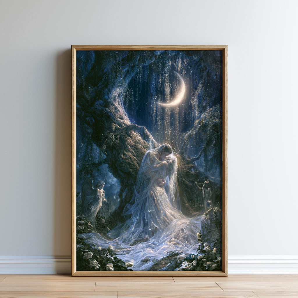 The image is a framed painting depicting a woman in a flowing white dress standing in a dark, mysterious cave-like setting, with a crescent moon visible in the background.