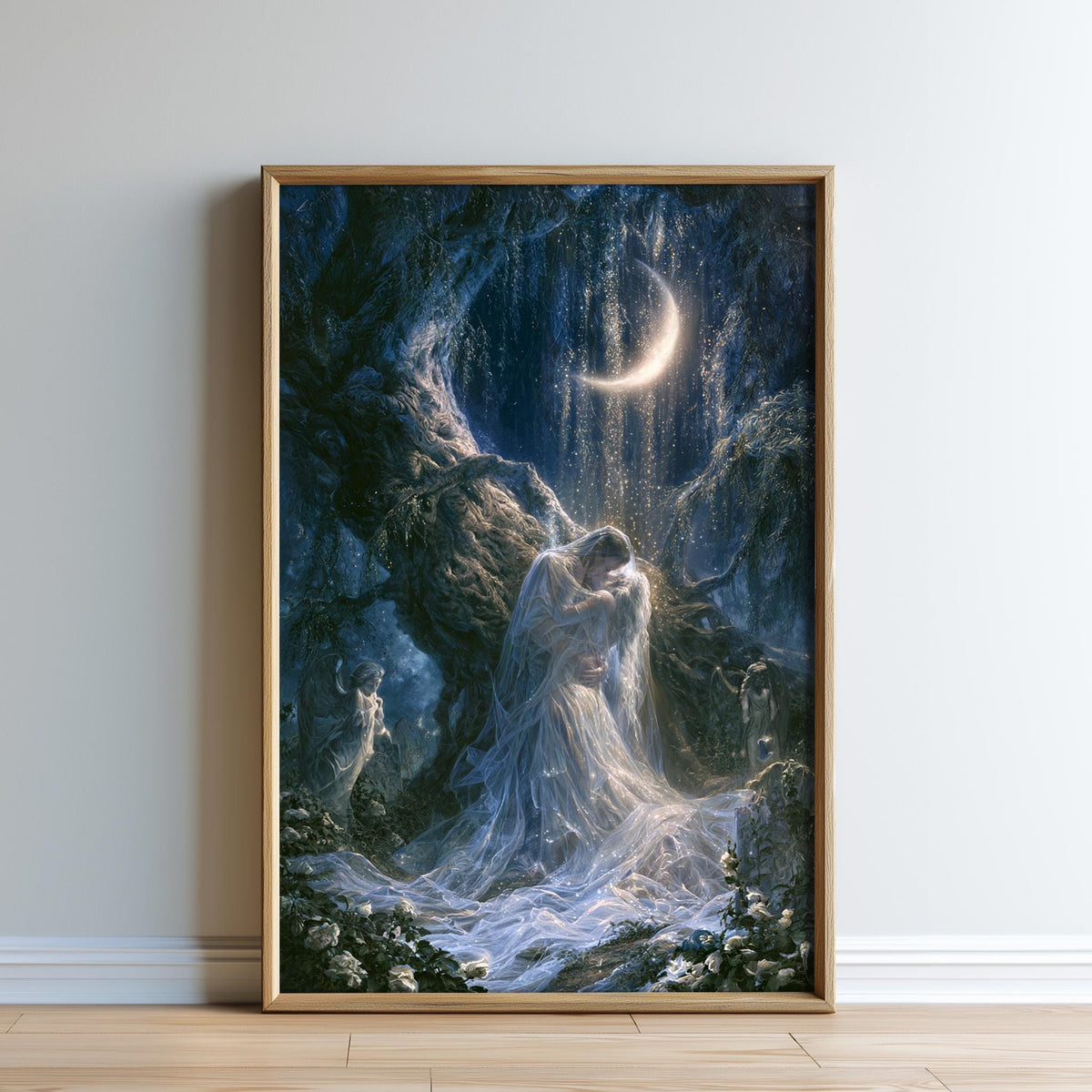 The image is a framed painting depicting a woman in a flowing white dress standing in a dark, mysterious cave-like setting, with a crescent moon visible in the background.