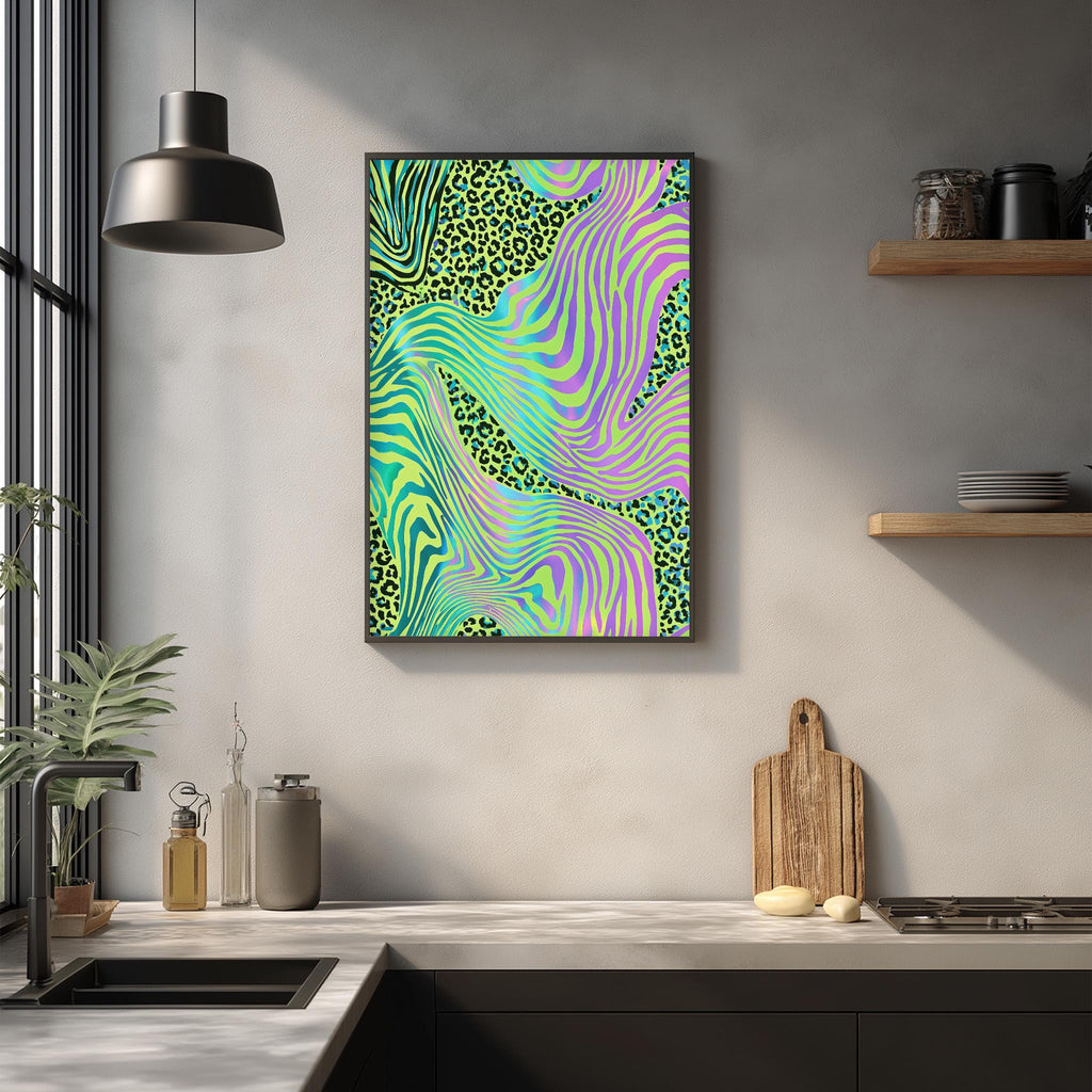 a modern kitchen with a large abstract painting hanging on the wall above a wooden cutting board and other kitchen items.