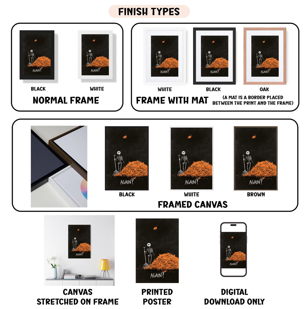 various framed artworks, including a poster, a canvas, and a digital download, all featuring the same image of a skeleton against a black background with orange text.