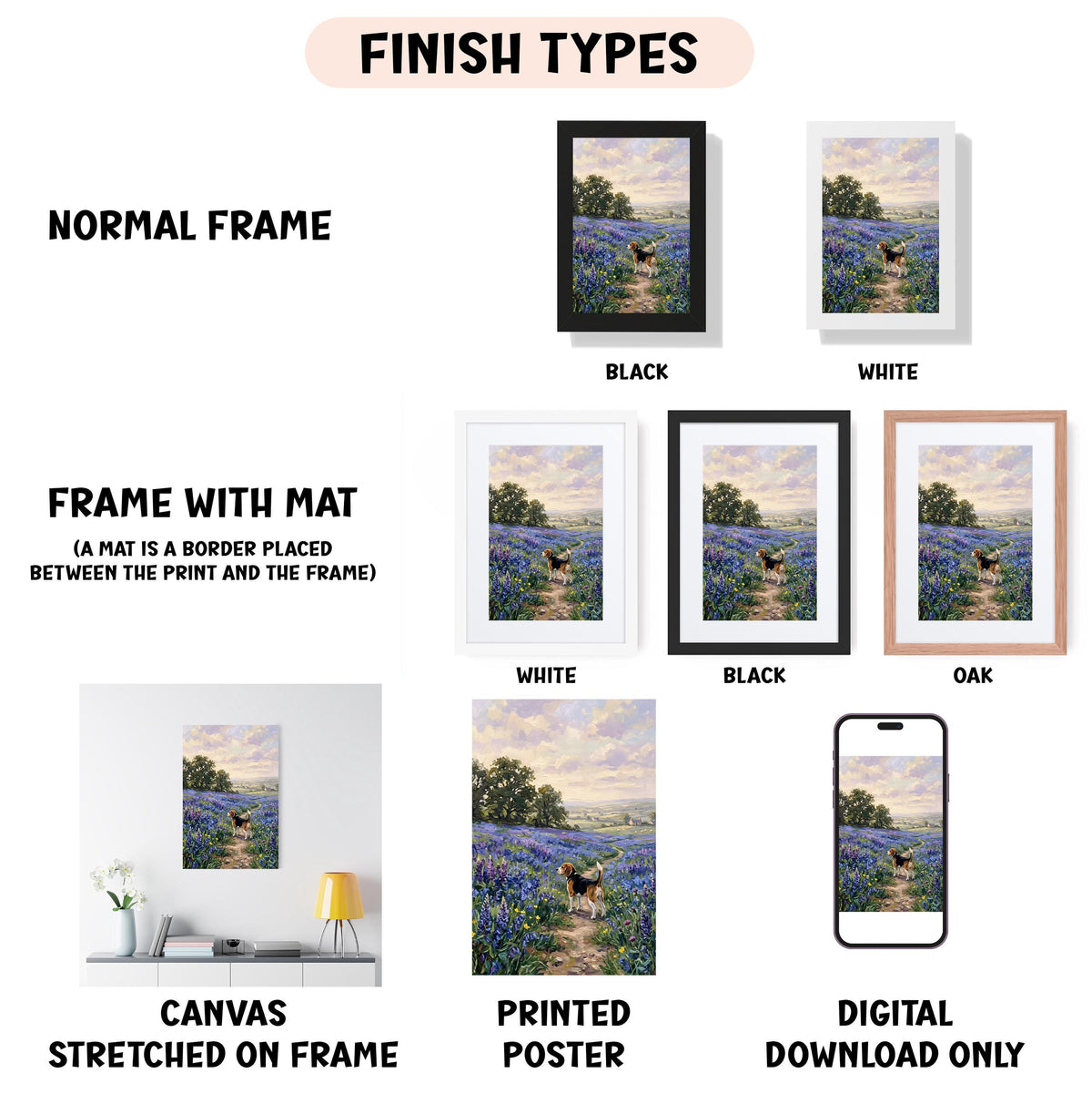 various types of artwork, including a canvas stretched on a frame, a framed print, a poster, and a digital download. The artwork displays different finishes, such as normal frame, black, white, black, and oak. The image also includes a description of the artwork, including the type of finish, the mat placed between the print and the frame, and the different finishes of the artwork.