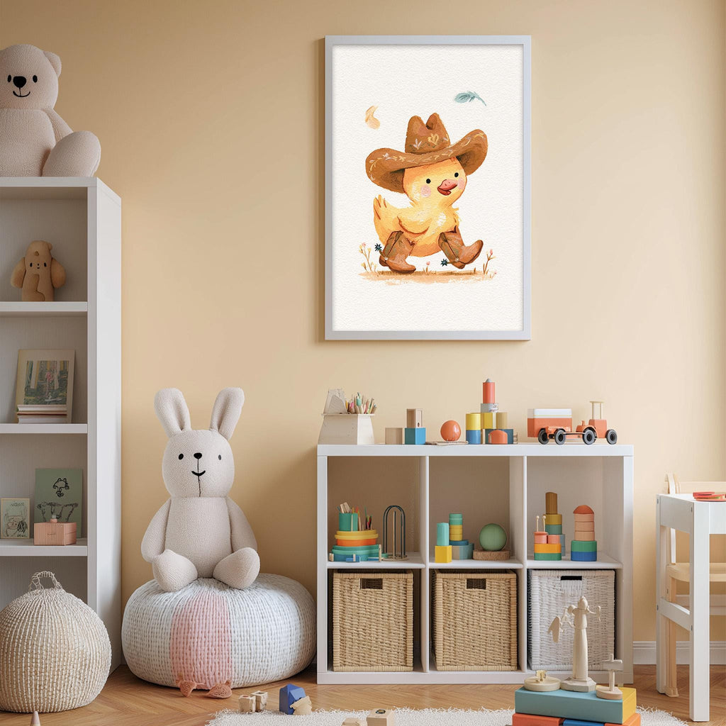 A child's bedroom with a white bookshelf, a stuffed rabbit, a framed illustration of a cowboy character, and various toys and storage bins.