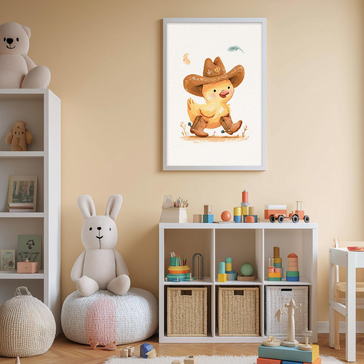 A child's bedroom with a white bookshelf, a stuffed rabbit, a framed illustration of a cowboy character, and various toys and storage bins.