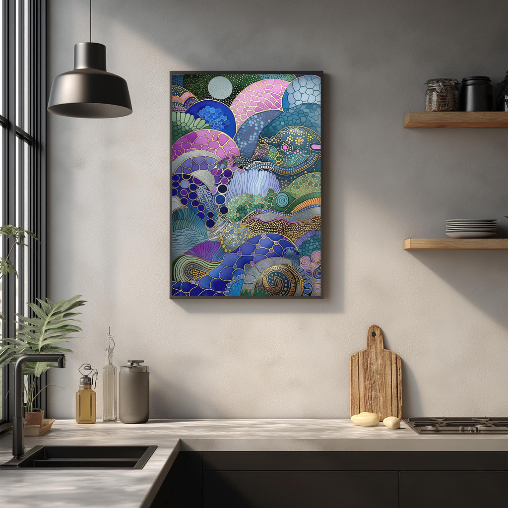 a kitchen counter with a wooden cutting board, a sink, and various kitchen accessories such as a bottle and a vase. Above the counter, there is a framed abstract painting with a colorful, intricate design.