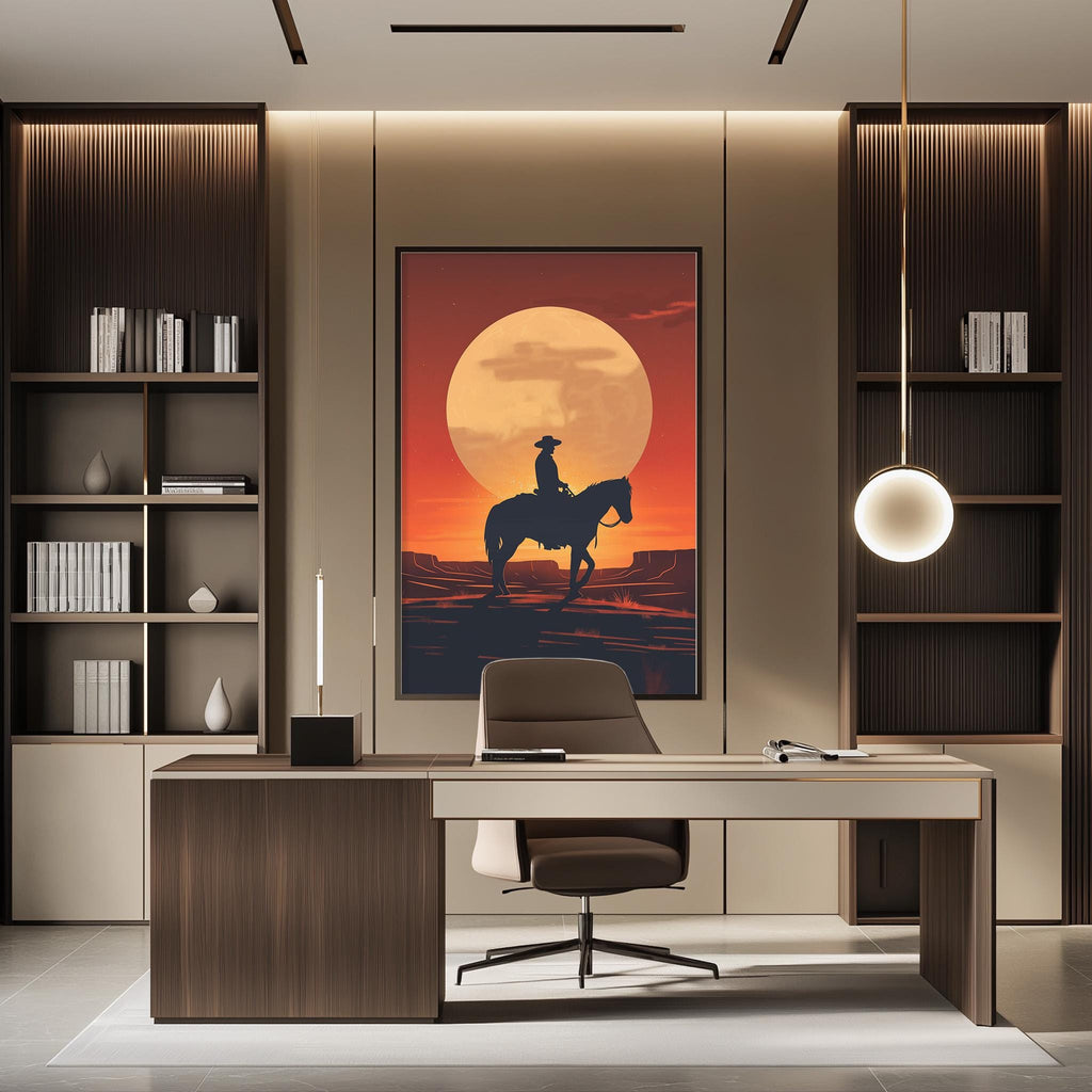 a modern office space with a large framed poster of a cowboy on a horse in the background, creating a western-themed atmosphere.