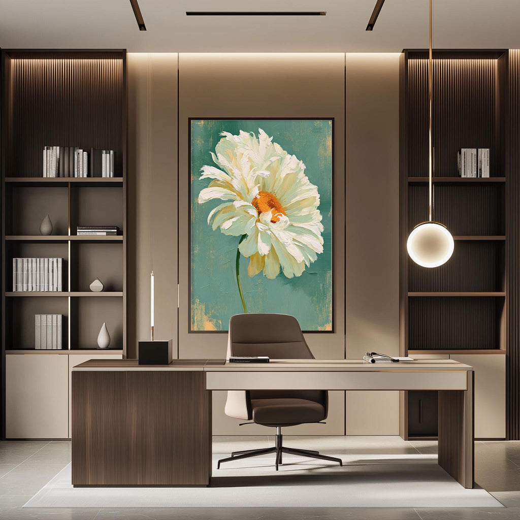 a modern and well-lit office space with a large, vibrant painting of a flower on the wall. The office features a wooden desk with a chair, and a bookshelf filled with books. The overall design and decor create a professional and inviting atmosphere.