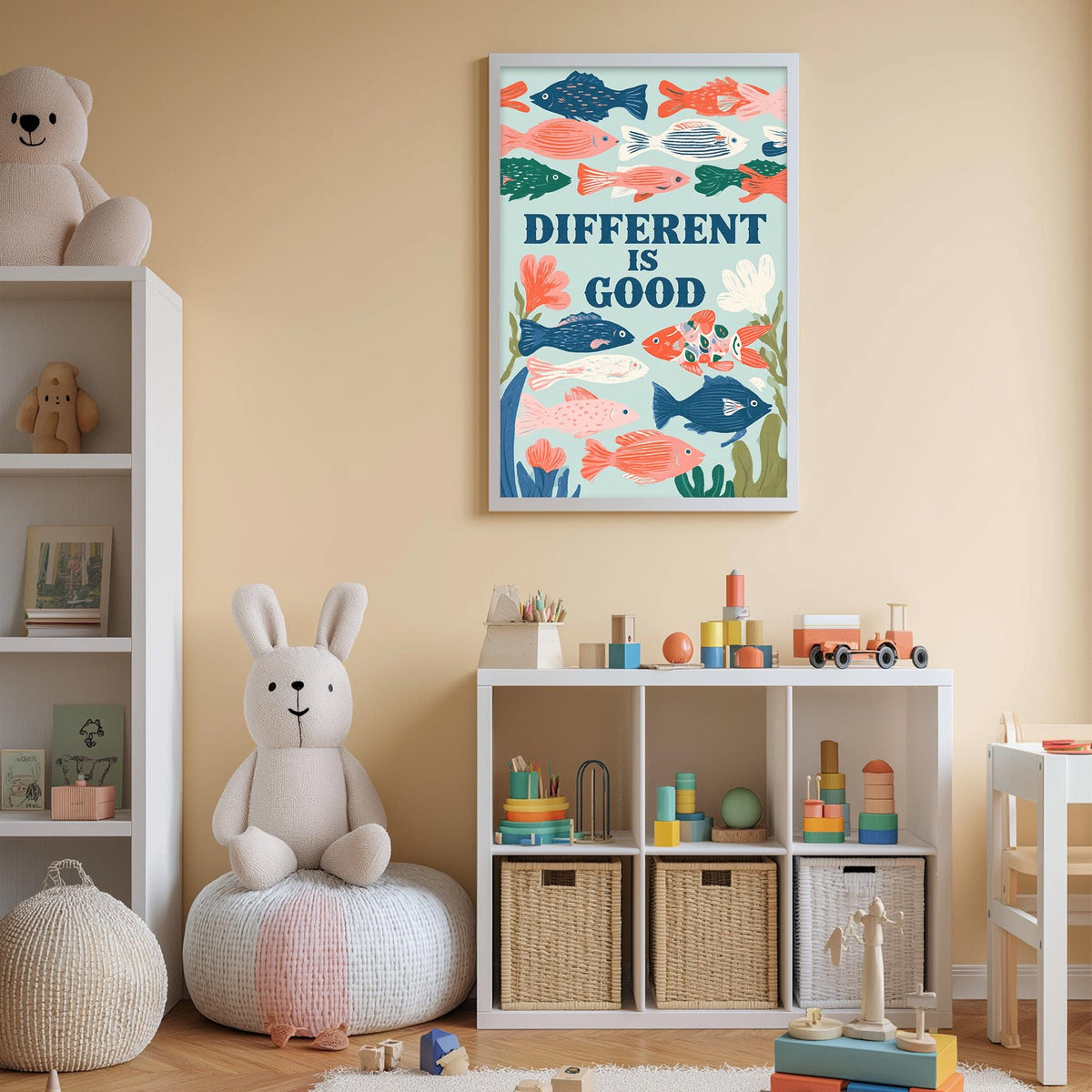 A child's bedroom with a white bookshelf, a stuffed rabbit, and a colorful fish poster on the wall.