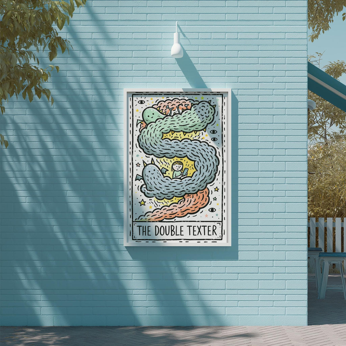 a colorful poster with a whimsical illustration of a character resembling a snake or cobra, hanging on a light blue brick wall.