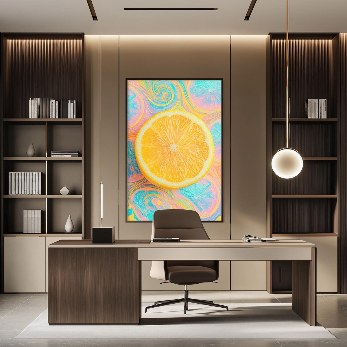 a modern office space with a large abstract painting of an orange slice as the focal point. The office has a wooden desk, a comfortable-looking chair, and a bookshelf filled with books. The overall design and decor create a professional and stylish atmosphere.