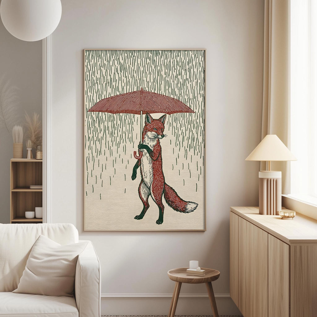 a cozy living room with a white sofa, a wooden side table, and a framed illustration of a fox holding an umbrella.