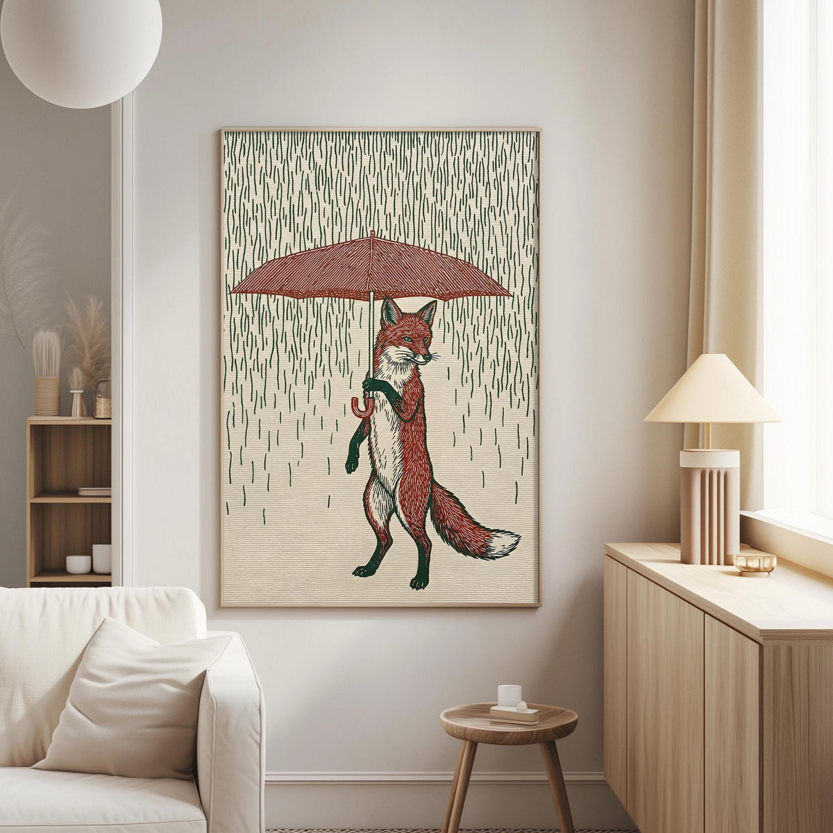 a cozy living room with a white sofa, a wooden side table, and a framed illustration of a fox holding an umbrella.