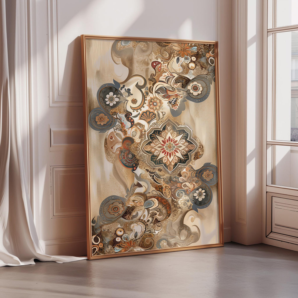 a large, ornate, and colorful painting displayed on a wall in a room with a window.