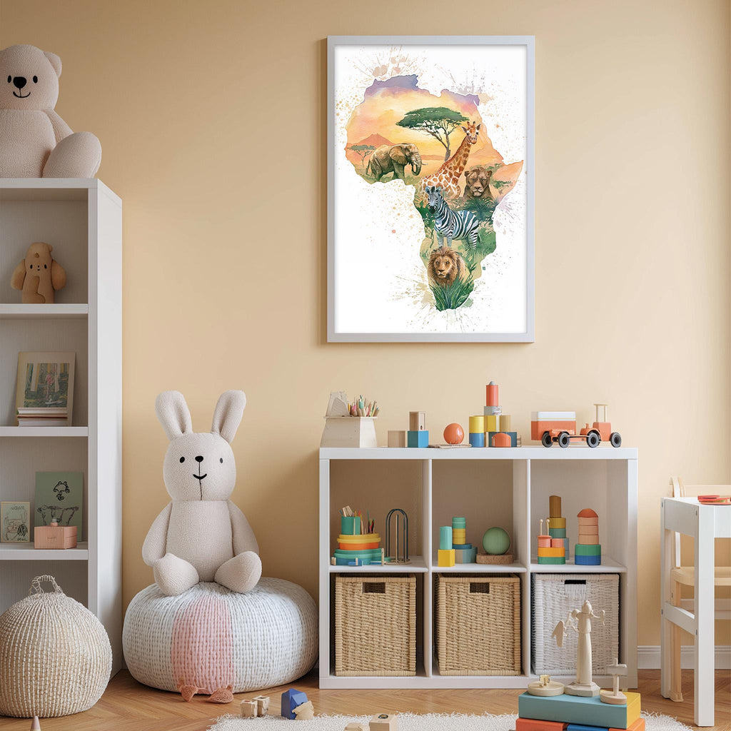 A child's bedroom with a large poster of an African continent on the wall, featuring various animals such as elephants, giraffes, and zebras. The room also contains a bookshelf, a bean bag chair, and a toy storage unit filled with toys and other items.