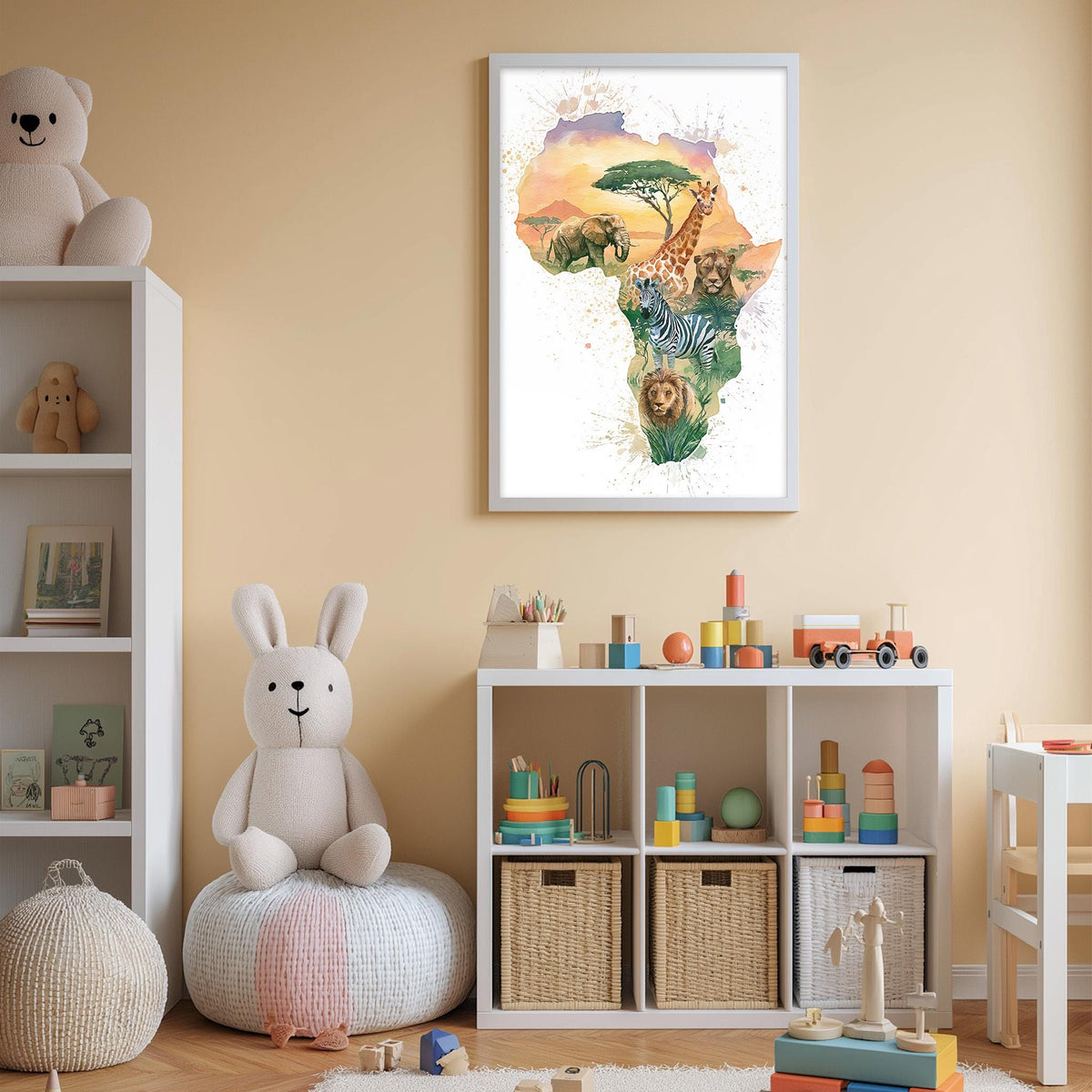 A child's bedroom with a large poster of an African continent on the wall, featuring various animals such as elephants, giraffes, and zebras. The room also contains a bookshelf, a bean bag chair, and a toy storage unit filled with toys and other items.