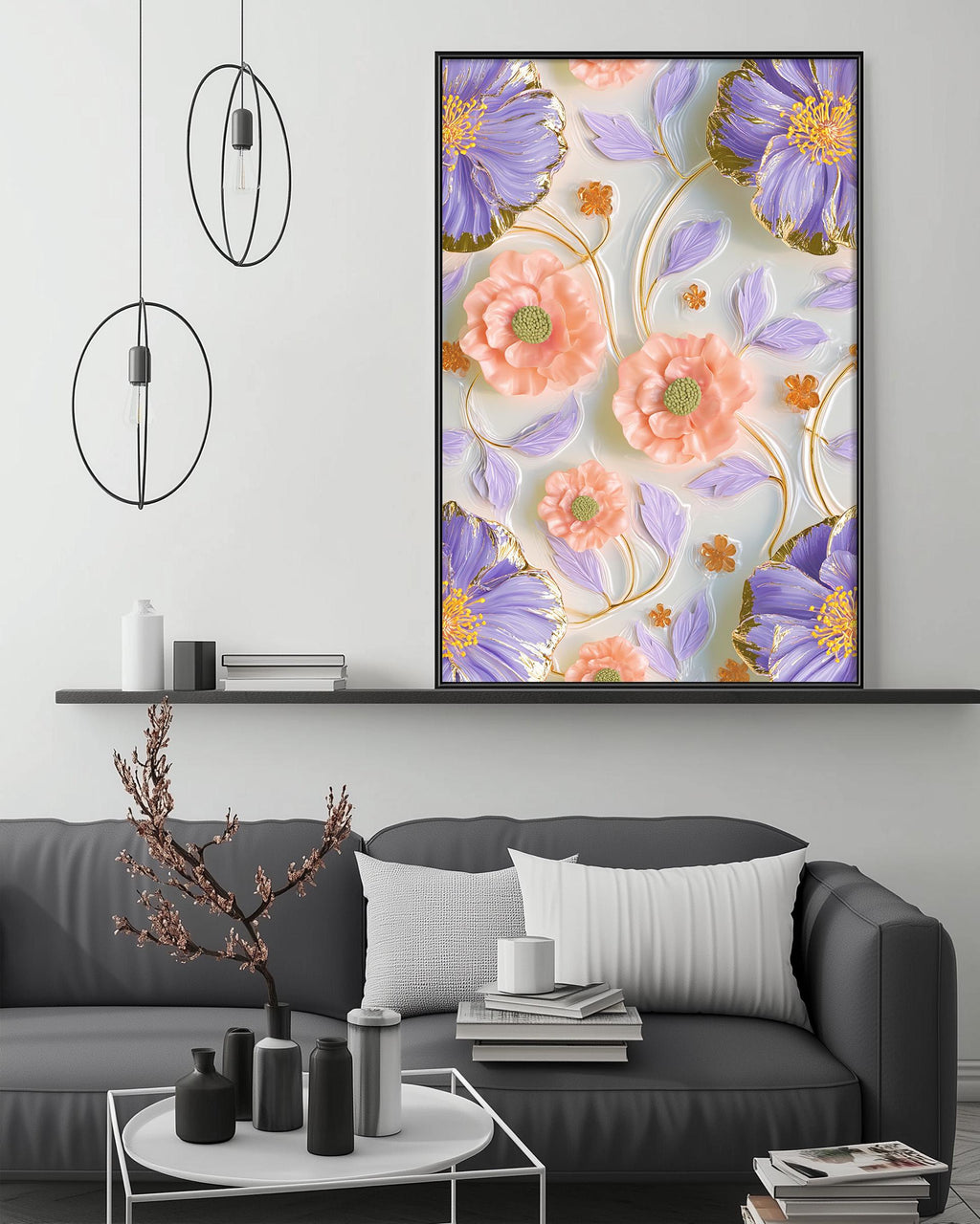 a modern living room with a gray sofa, a coffee table, and a large framed floral print hanging on the wall above the sofa.