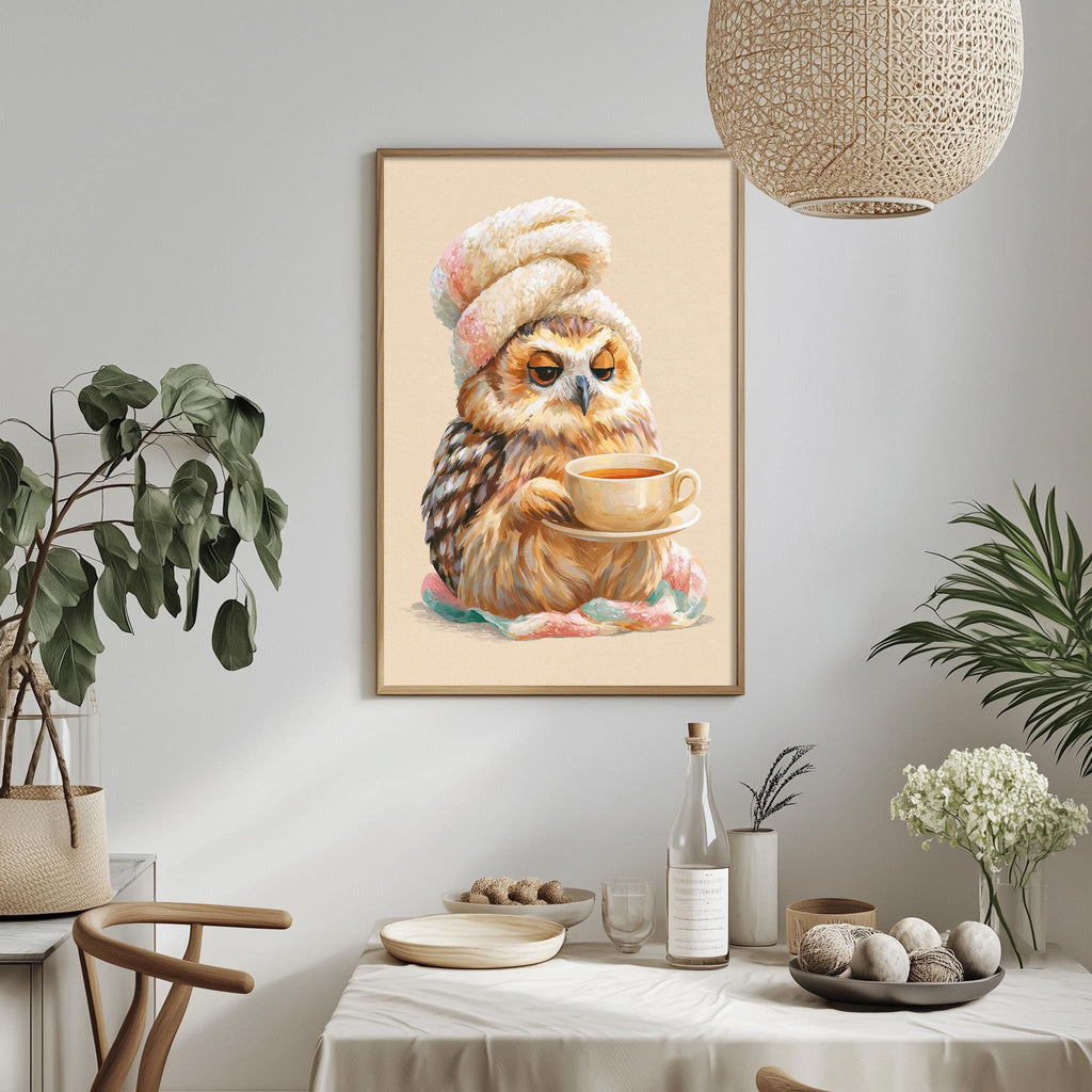 a cozy scene with a framed painting of an owl wearing a hat and holding a cup of tea, surrounded by potted plants and a dining table with various items on it.