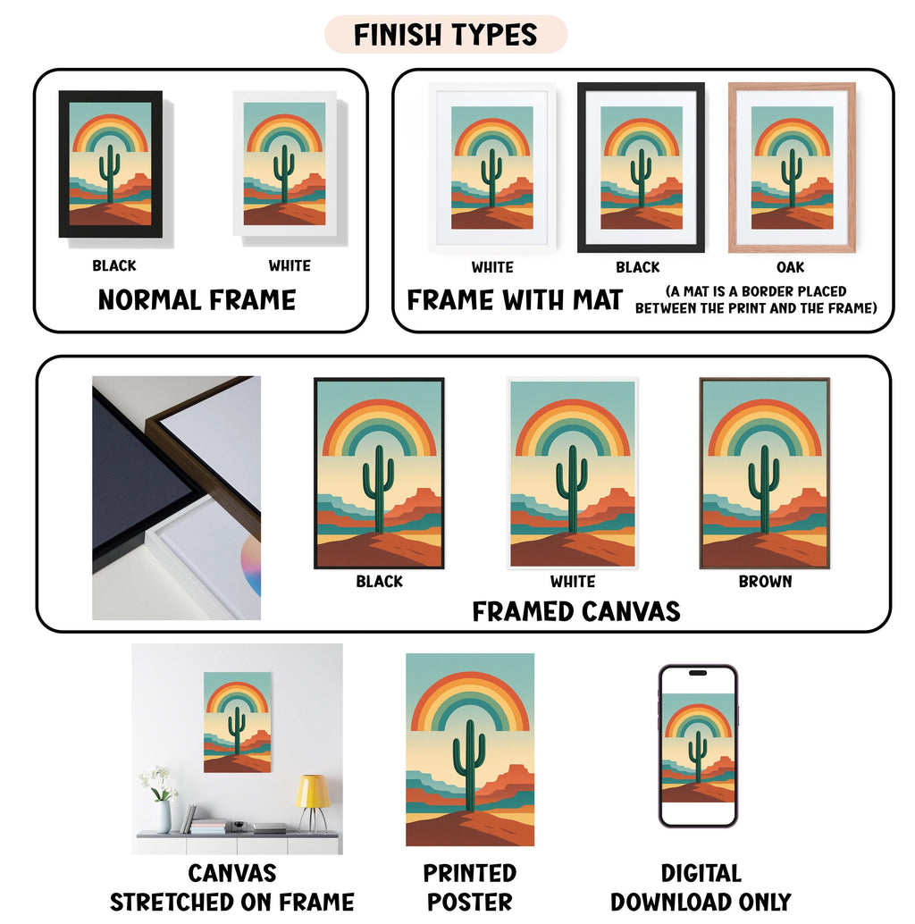 various finish types for a framed artwork, including a normal frame, a frame with a mat, a black frame, a white frame, a black frame, a white frame with a mat, a black frame, a white frame with a mat, a black frame, a white frame with a mat, a black frame, a white frame with a mat, a brown frame, a framed canvas, a stretched canvas on a frame, a printed poster, and a digital download only.