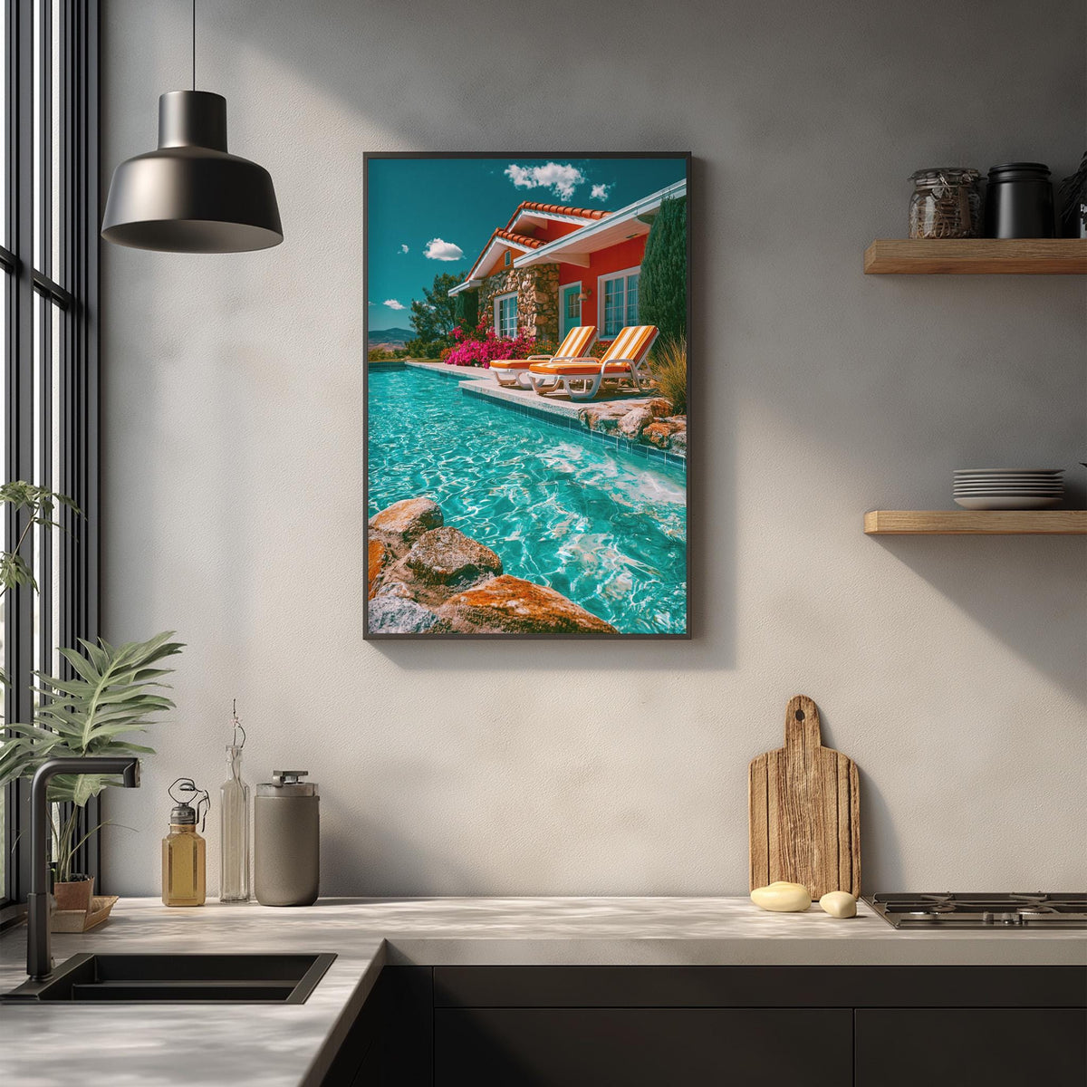 a vibrant and colorful painting of a swimming pool with a house and patio furniture in the background, hanging on a wall above a kitchen counter.