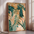 A framed painting of a leopard surrounded by tropical foliage is displayed on a wall in a room with a window.