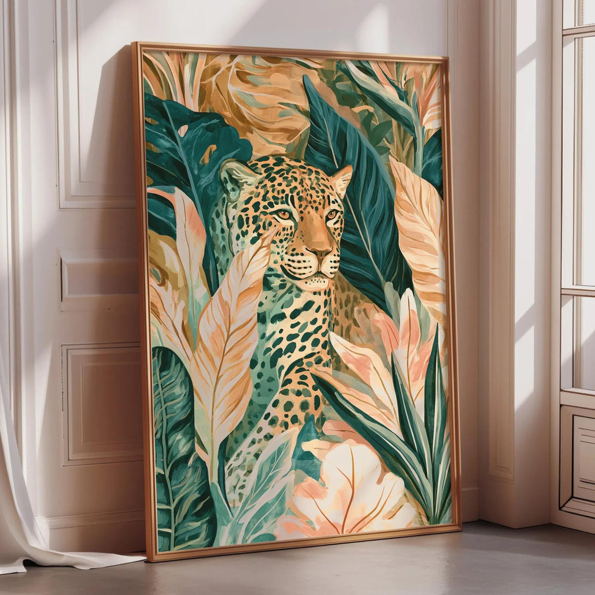 A framed painting of a leopard surrounded by tropical foliage is displayed on a wall in a room with a window.