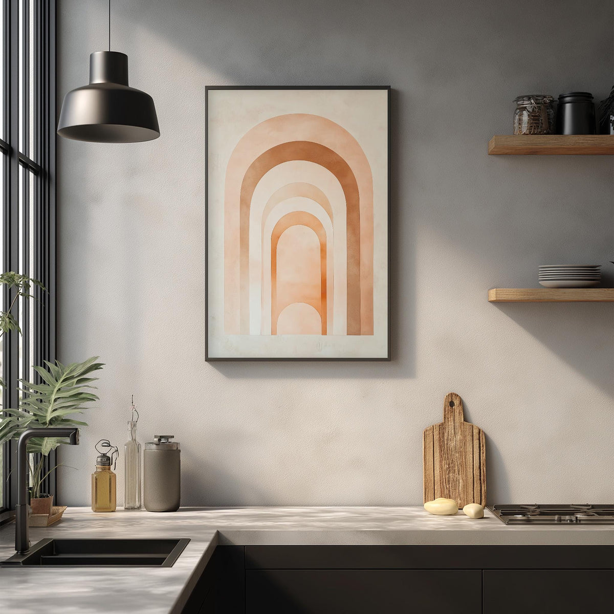a modern kitchen with a large abstract painting hanging on the wall above a wooden cutting board and a sink.