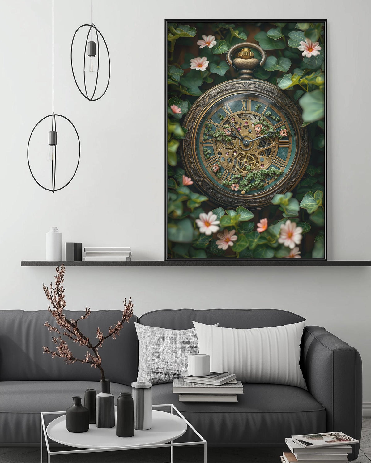 a large clock with a floral design on its face, surrounded by greenery and flowers, mounted on a wall above a gray couch in a living room setting.