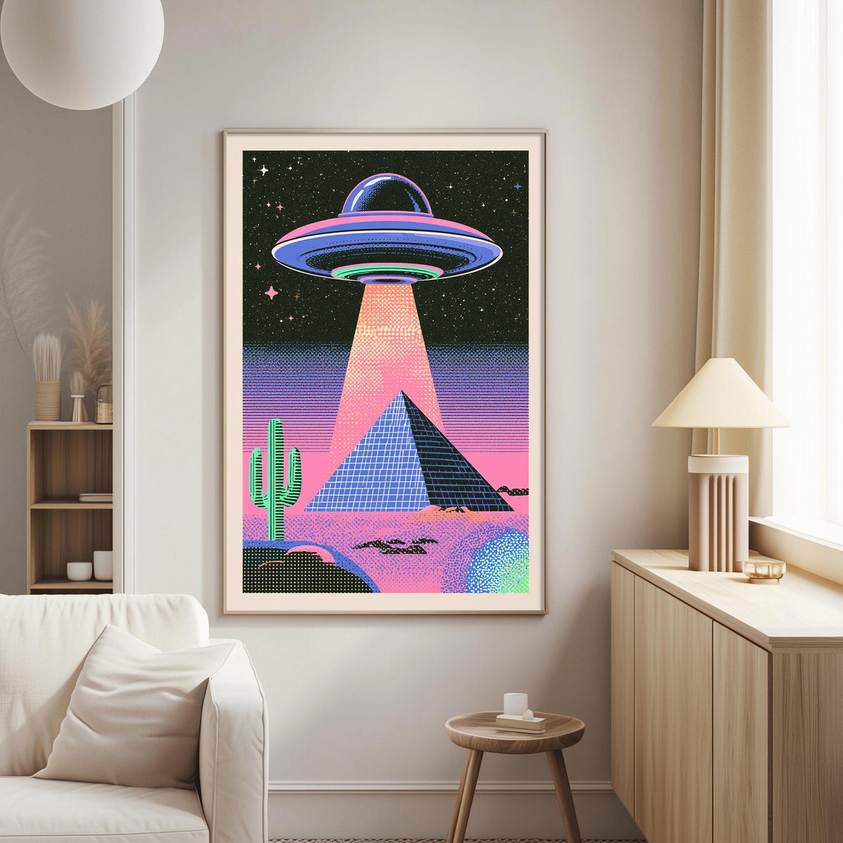 a large, colorful poster of an alien spacecraft hovering over a desert landscape with a pyramid, cactus, and palm tree.