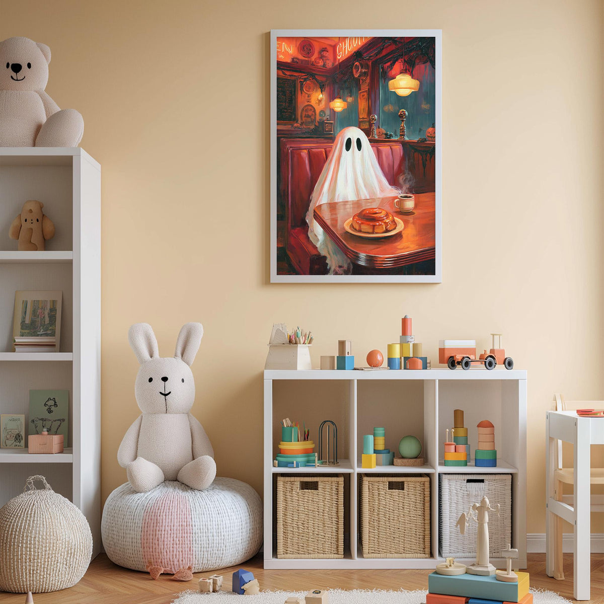 a cozy and whimsical children's bedroom, featuring a teddy bear, a bunny, and a framed painting of a ghost in a restaurant setting.