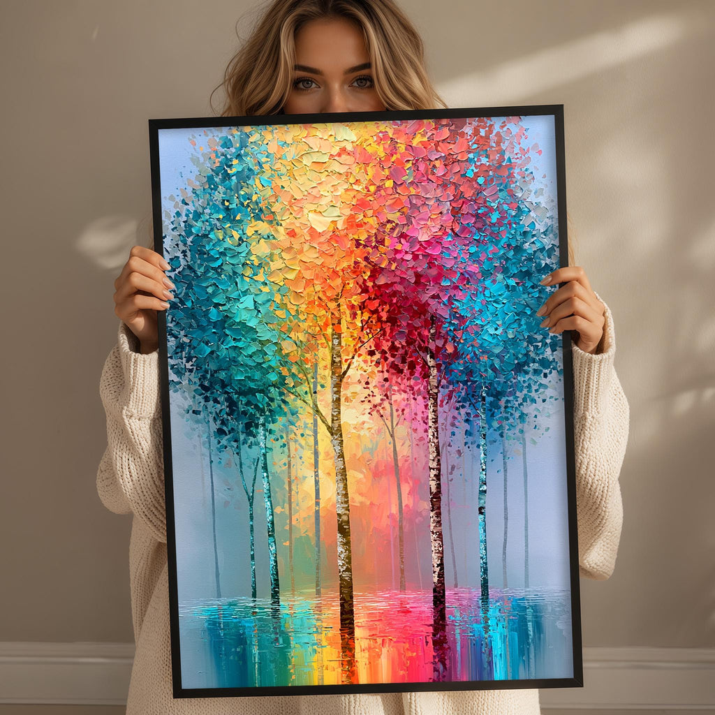 A woman holds up a framed painting of a vibrant, colorful forest scene with trees in shades of blue, green, yellow, orange, and pink.