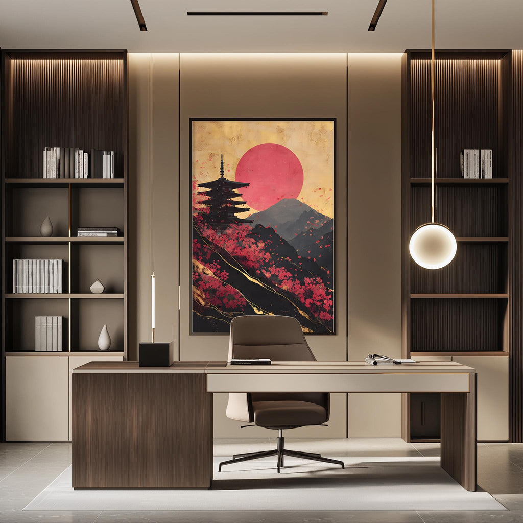 a modern office space with a large framed artwork of a Japanese temple and mountains in the background, complemented by a wooden desk and chair.