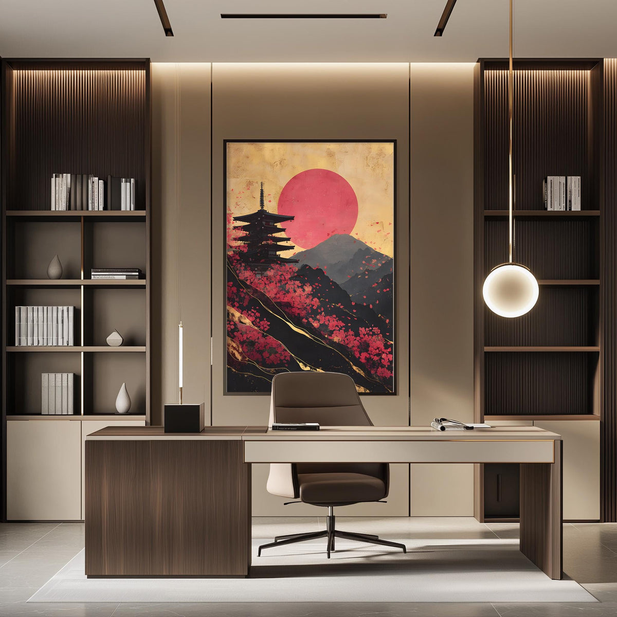 a modern office space with a large framed artwork of a Japanese temple and mountains in the background, complemented by a wooden desk and chair.