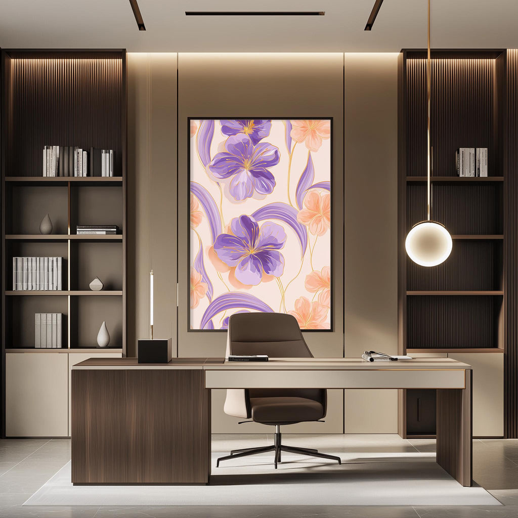 a modern and stylish office space with a large floral artwork on the wall, a wooden desk with a chair, and built-in bookshelves.