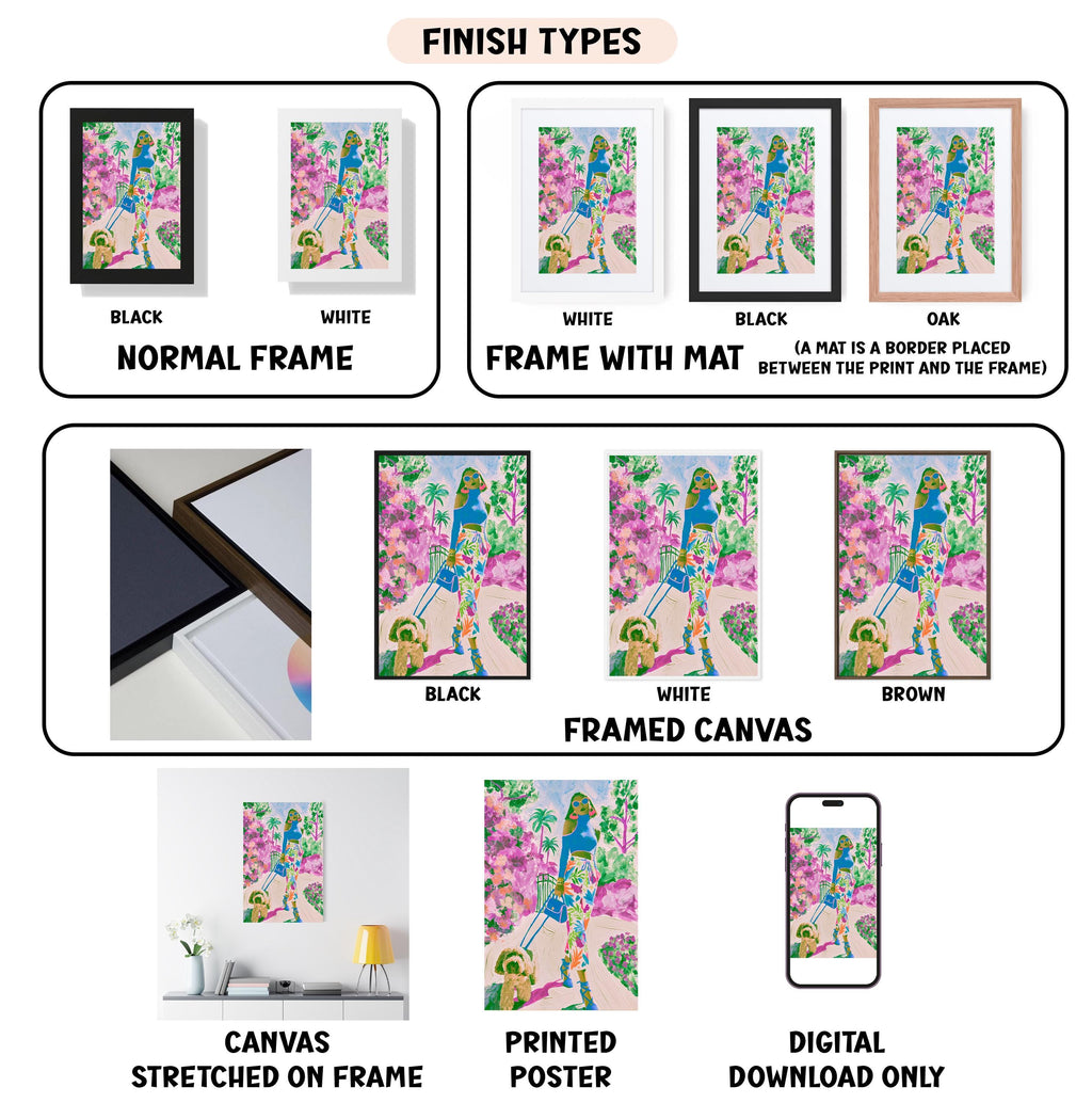 various types of artwork, including paintings, framed prints, and digital art, each with different finishes and frame types.