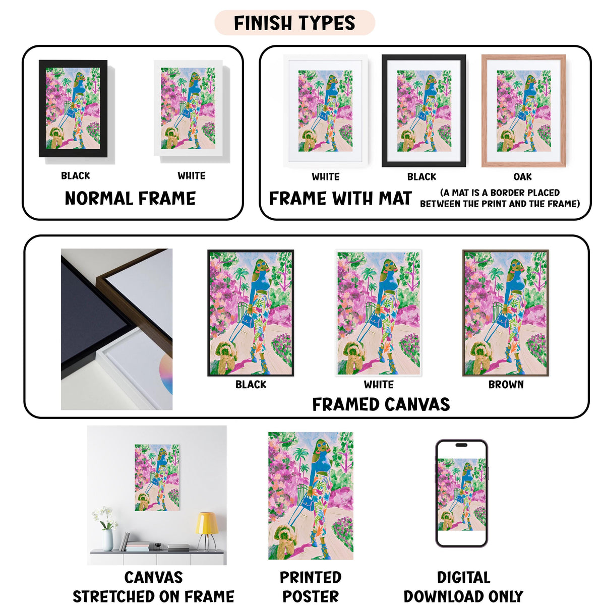 various types of artwork, including paintings, framed prints, and digital art, each with different finishes and frame types.