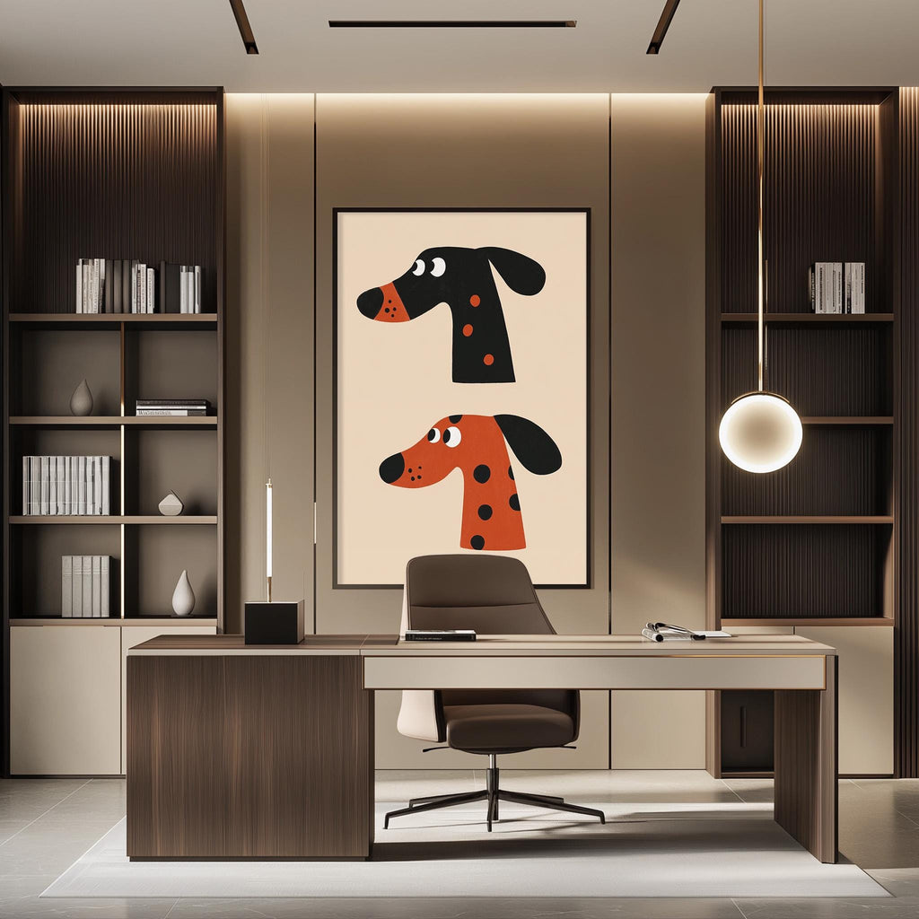 a modern office space with a large framed artwork of two cartoon dog heads on the wall, a wooden desk with a chair, and built-in bookshelves.
