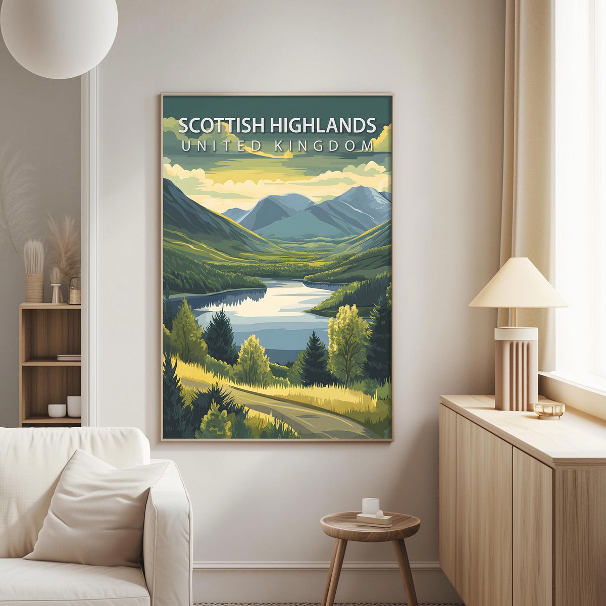 a poster of the Scottish Highlands, United Kingdom, hanging on a wall in a living room.