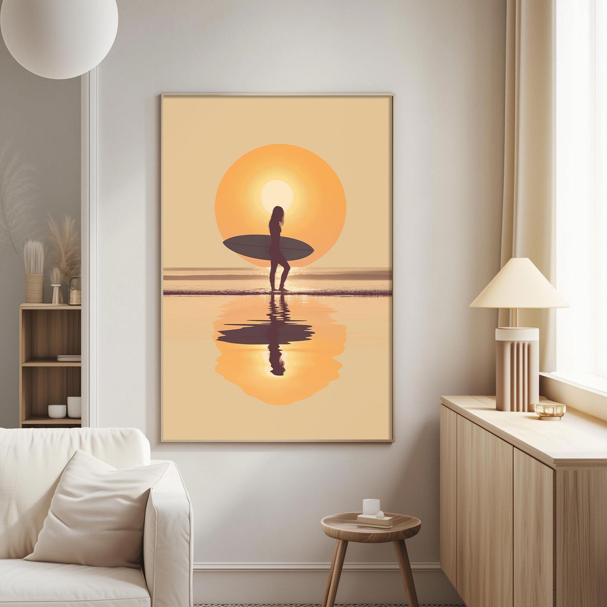 a woman holding a surfboard, standing on a beach with the sun in the background.