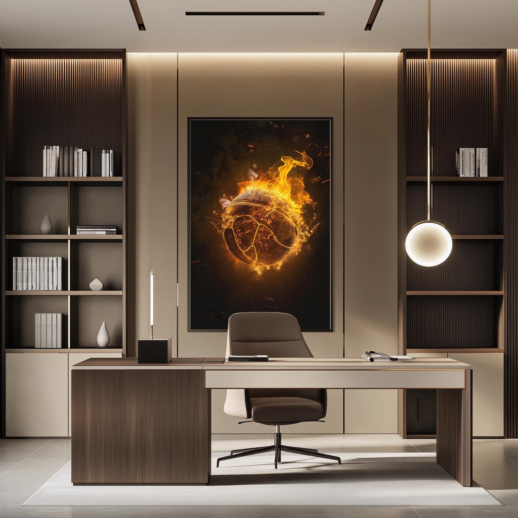 a modern and stylish office space with a large, striking artwork of a fiery planet or star on the wall. The office features a wooden desk, a comfortable chair, and a bookshelf filled with various books and decorative items. The overall design and layout of the space create a visually appealing and functional workspace.
