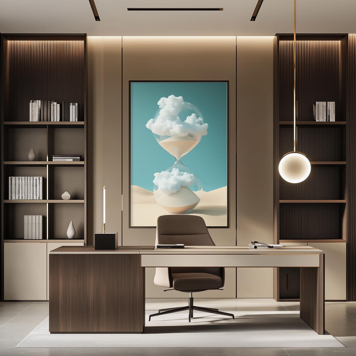 a modern and minimalist office space with a large abstract painting of a cloud-filled hourglass above a desk. The desk is positioned in front of a bookshelf, and a chair is placed in front of the desk. The overall design and decor create a serene and focused atmosphere.