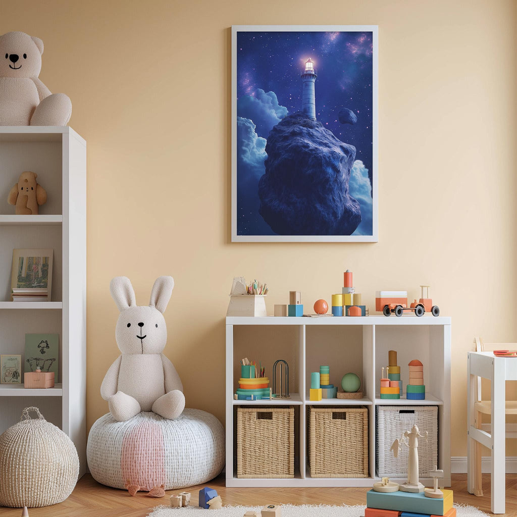 A cozy children's room with a large stuffed bunny, a bookshelf, and a toy chest filled with toys. The room has a warm, inviting atmosphere with a large painting of a lighthouse on the wall.