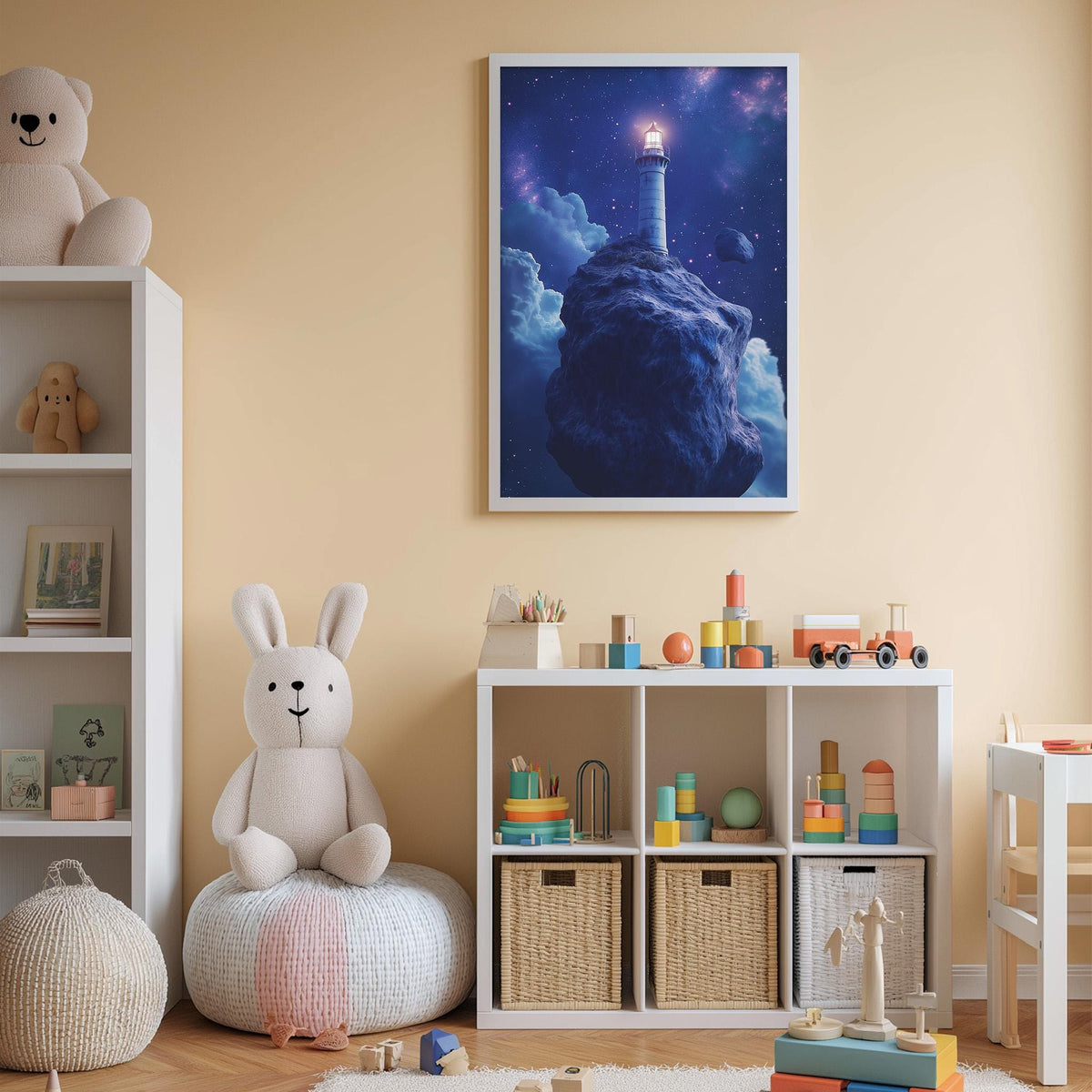 A cozy children's room with a large stuffed bunny, a bookshelf, and a toy chest filled with toys. The room has a warm, inviting atmosphere with a large painting of a lighthouse on the wall.
