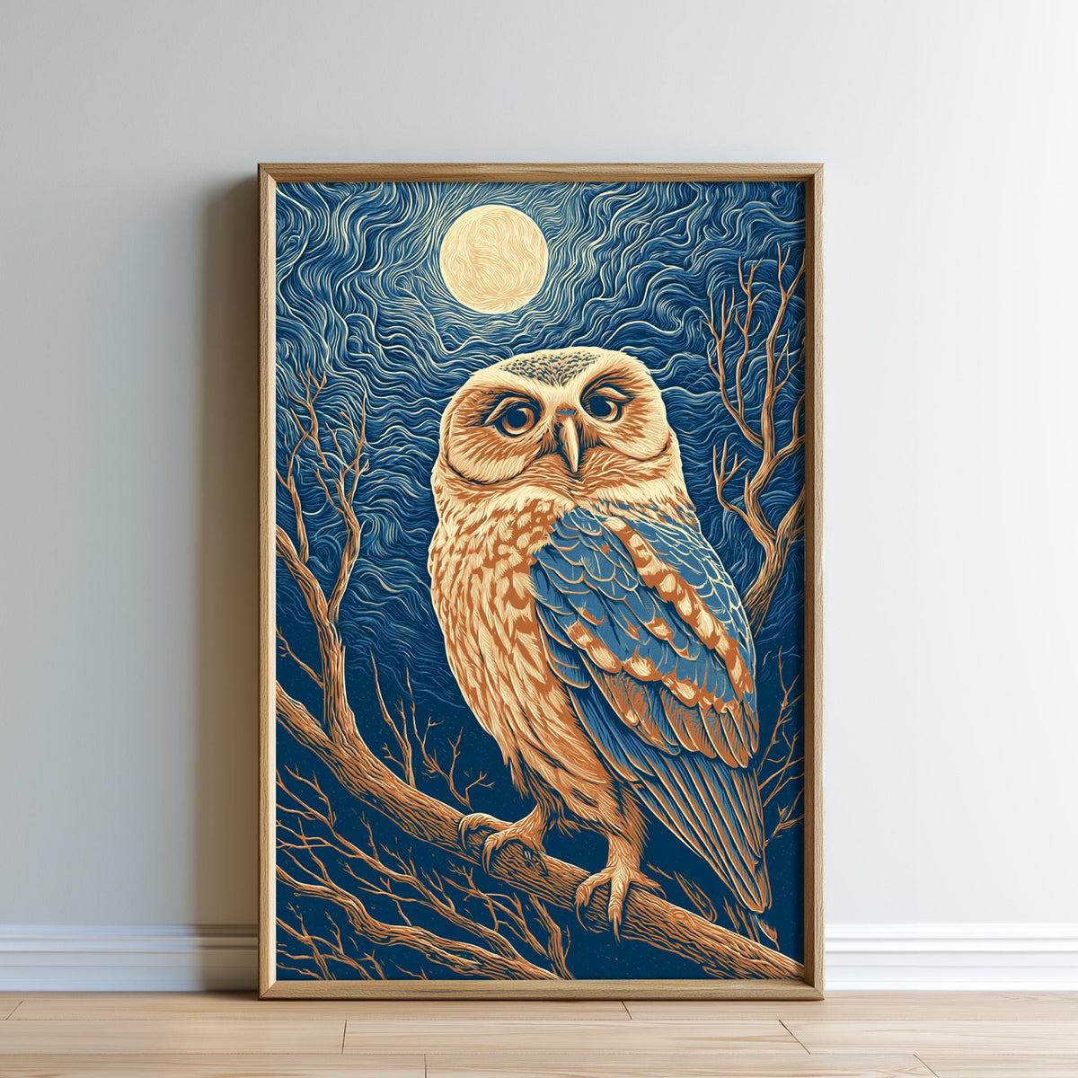 A framed illustration of an owl perched on a branch, with a full moon in the background.